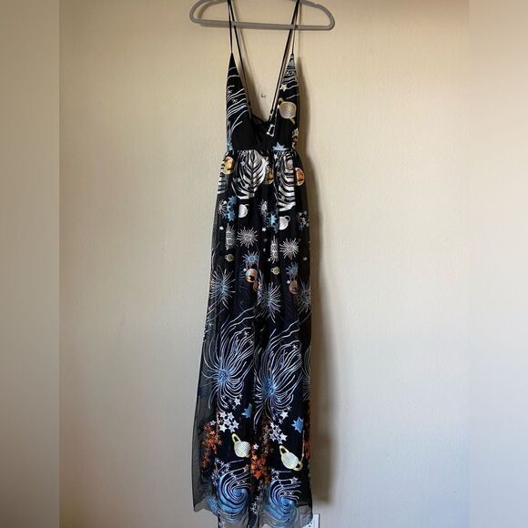 L'atiste Rare Galaxy Maxi Black Dress Sheer Embroidered Size S - Picture 5 of 11